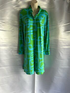 Lesley Evers Green & Turquoise Geometric Long-Sleeve Shirt Dress | Size XL